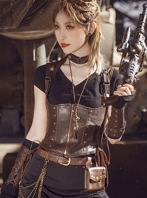 Brown Steampunk Leather Chest Cutout Copper Alloy Rivets Button Girdle Slim Fit Supporting Fishbone Waistcoat Vest