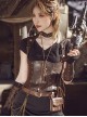 Brown Steampunk Leather Chest Cutout Copper Alloy Rivets Button Girdle Slim Fit Supporting Fishbone Waistcoat Vest