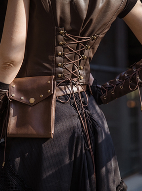 Brown Steampunk Leather Chest Cutout Copper Alloy Rivets Button Girdle Slim Fit Supporting Fishbone Waistcoat Vest