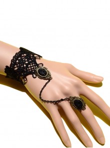 Punk Palace Retro Exquisite Bronze Carved Alloy Black Gemstone Lace Gothic Lolita Ring Bracelet