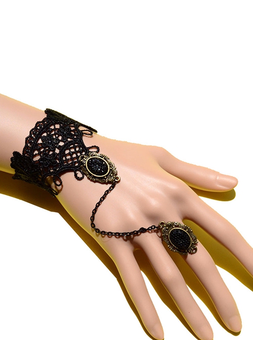 Punk Palace Retro Exquisite Bronze Carved Alloy Black Gemstone Lace Gothic Lolita Ring Bracelet