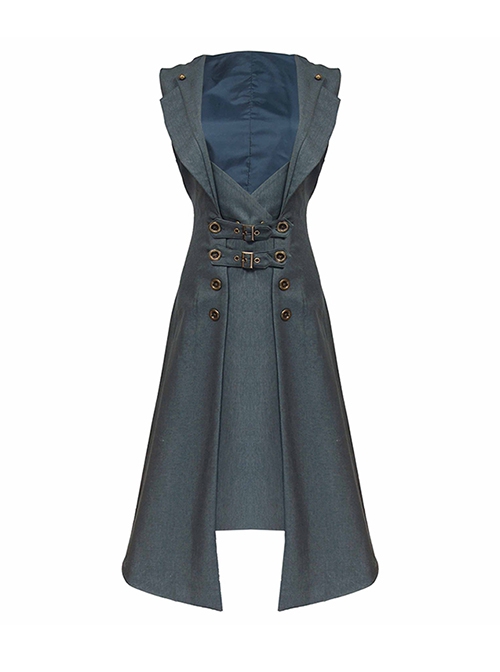 College Style Vintage Daily Commute Steampunk Gray Suit Collar Double Breasted Waisted Sleeveless Vest Mid Length Dress
