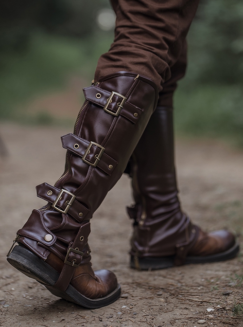 Brown Steampunk Straight Zipper Matte Leather Rivet Copper Metal Buckle Riding Boots Set Leg Cover