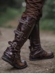 Brown Steampunk Straight Zipper Matte Leather Rivet Copper Metal Buckle Riding Boots Set Leg Cover