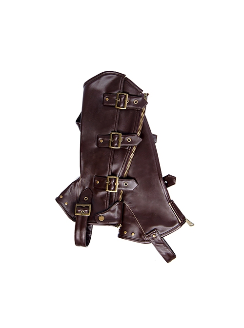 Brown Steampunk Straight Zipper Matte Leather Rivet Copper Metal Buckle Riding Boots Set Leg Cover