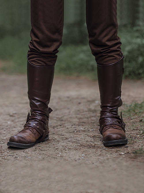 Brown Steampunk Straight Zipper Matte Leather Rivet Copper Metal Buckle Riding Boots Set Leg Cover