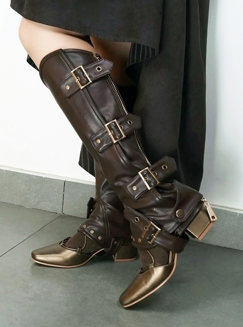 Brown Steampunk Straight Zipper Matte Leather Rivet Copper Metal Buckle Riding Boots Set Leg Cover