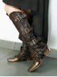 Brown Steampunk Straight Zipper Matte Leather Rivet Copper Metal Buckle Riding Boots Set Leg Cover