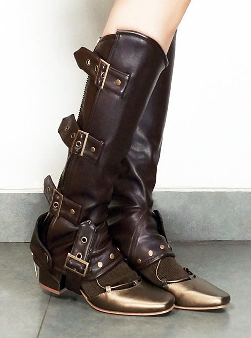 Brown Steampunk Straight Zipper Matte Leather Rivet Copper Metal Buckle Riding Boots Set Leg Cover