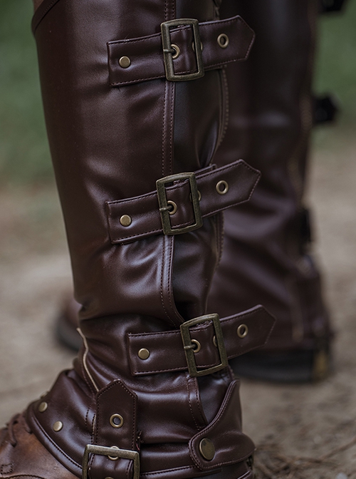 Brown Steampunk Straight Zipper Matte Leather Rivet Copper Metal Buckle Riding Boots Set Leg Cover