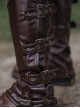 Brown Steampunk Straight Zipper Matte Leather Rivet Copper Metal Buckle Riding Boots Set Leg Cover