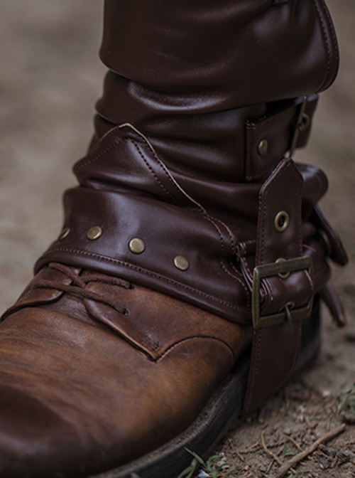 Brown Steampunk Straight Zipper Matte Leather Rivet Copper Metal Buckle Riding Boots Set Leg Cover