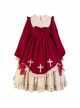 Starry Night Cross Series Sweet Cute High Waist Fairy Tale Splicing Ruffle Bowknot Cross Embroidery Sweet Lolita Long Sleeves Dress