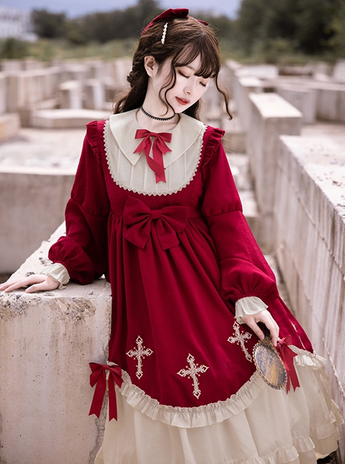 Starry Night Cross Series Sweet Cute High Waist Fairy Tale Splicing Ruffle Bowknot Cross Embroidery Sweet Lolita Long Sleeves Dress