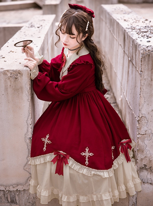 Starry Night Cross Series Sweet Cute High Waist Fairy Tale Splicing Ruffle Bowknot Cross Embroidery Sweet Lolita Long Sleeves Dress