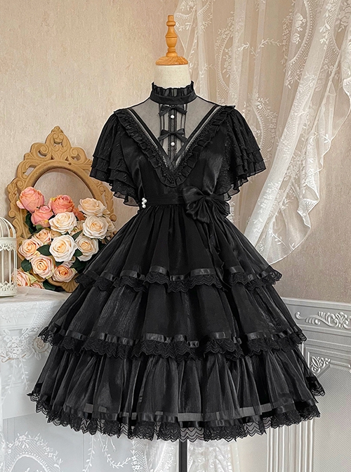 Dawn Banquet Series Elegant Temperament Fairy Three Stages Big Ruffle V Collar Hollow Out Lace Bowknots Classic Lolita Short Sleeves Dress