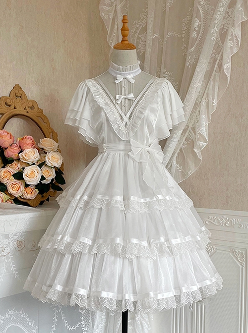 Dawn Banquet Series Elegant Temperament Fairy Three Stages Big Ruffle V Collar Hollow Out Lace Bowknots Classic Lolita Short Sleeves Dress