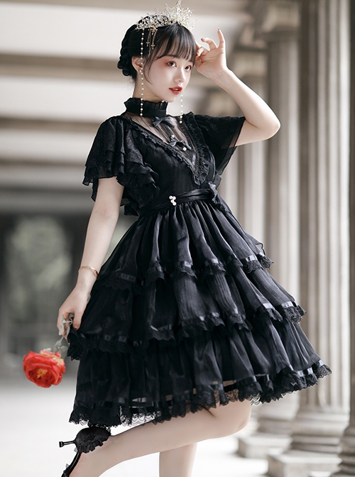 Dawn Banquet Series Elegant Temperament Fairy Three Stages Big Ruffle V Collar Hollow Out Lace Bowknots Classic Lolita Short Sleeves Dress