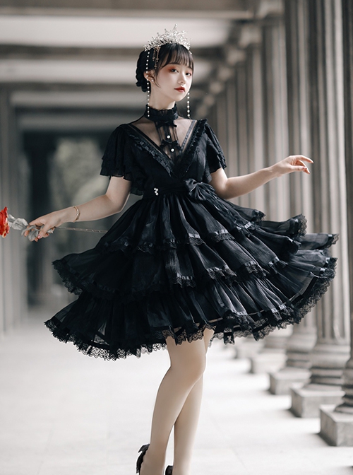 Dawn Banquet Series Elegant Temperament Fairy Three Stages Big Ruffle V Collar Hollow Out Lace Bowknots Classic Lolita Short Sleeves Dress