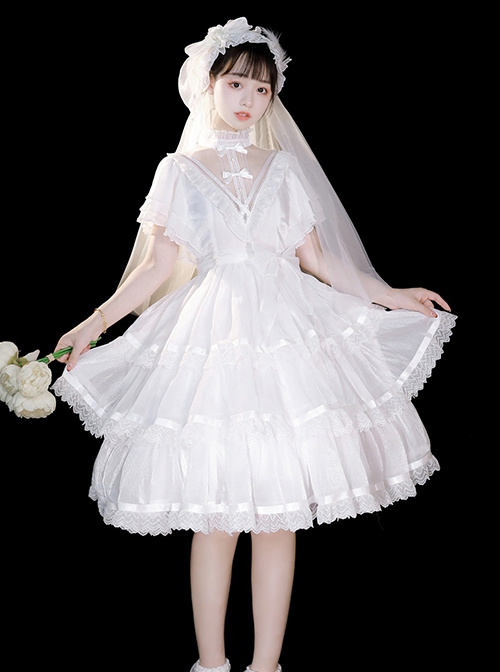 Dawn Banquet Series Elegant Temperament Fairy Three Stages Big Ruffle V Collar Hollow Out Lace Bowknots Classic Lolita Short Sleeves Dress