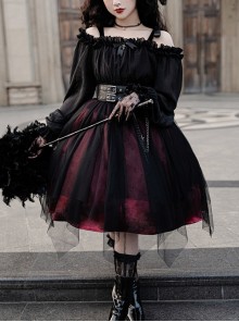 Girl Killer Series Dark Sweet Cool Irregular Halloween Crape Ruffle Bowknots Belt Chain Gothic Lolita Long Sleeves Dress