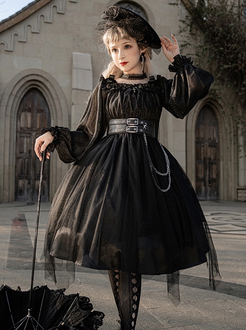 Girl Killer Series Dark Sweet Cool Irregular Halloween Crape Ruffle Bowknots Belt Chain Gothic Lolita Long Sleeves Dress