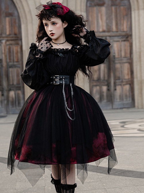 Girl Killer Series Dark Sweet Cool Irregular Halloween Crape Ruffle Bowknots Belt Chain Gothic Lolita Long Sleeves Dress