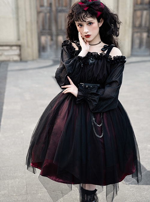 Girl Killer Series Dark Sweet Cool Irregular Halloween Crape Ruffle Bowknots Belt Chain Gothic Lolita Long Sleeves Dress