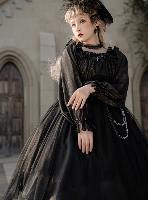 Girl Killer Series Dark Sweet Cool Irregular Halloween Crape Ruffle Bowknots Belt Chain Gothic Lolita Long Sleeves Dress