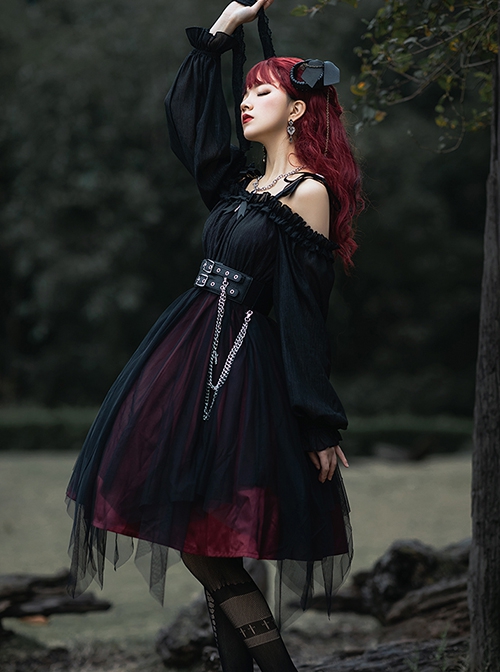 Girl Killer Series Dark Sweet Cool Irregular Halloween Crape Ruffle Bowknots Belt Chain Gothic Lolita Long Sleeves Dress