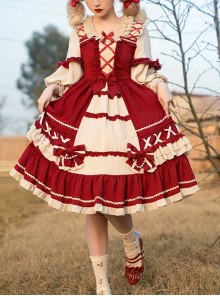 Snow White Series Red Sweet Cute Fairy Tale Square Collar Ruffle Bowknots Binding Band Little Pearls Sweet Lolita Half Sleeves Dress