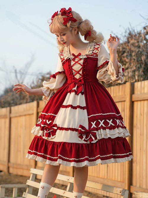 Snow White Series Red Sweet Cute Fairy Tale Square Collar Ruffle Bowknots Binding Band Little Pearls Sweet Lolita Half Sleeves Dress