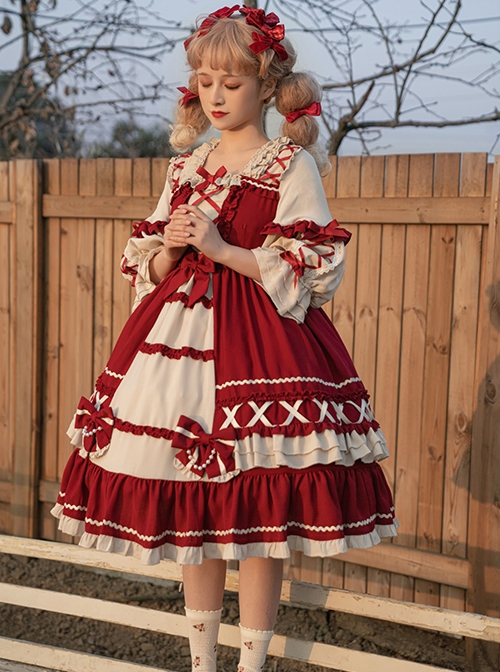 Snow White Series Red Sweet Cute Fairy Tale Square Collar Ruffle Bowknots Binding Band Little Pearls Sweet Lolita Half Sleeves Dress