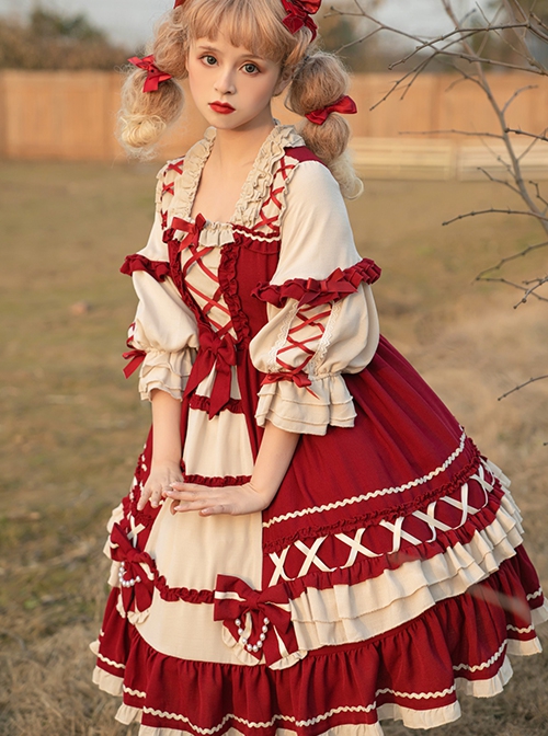 Snow White Series Red Sweet Cute Fairy Tale Square Collar Ruffle Bowknots Binding Band Little Pearls Sweet Lolita Half Sleeves Dress