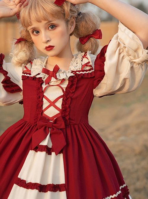Snow White Series Red Sweet Cute Fairy Tale Square Collar Ruffle Bowknots Binding Band Little Pearls Sweet Lolita Half Sleeves Dress