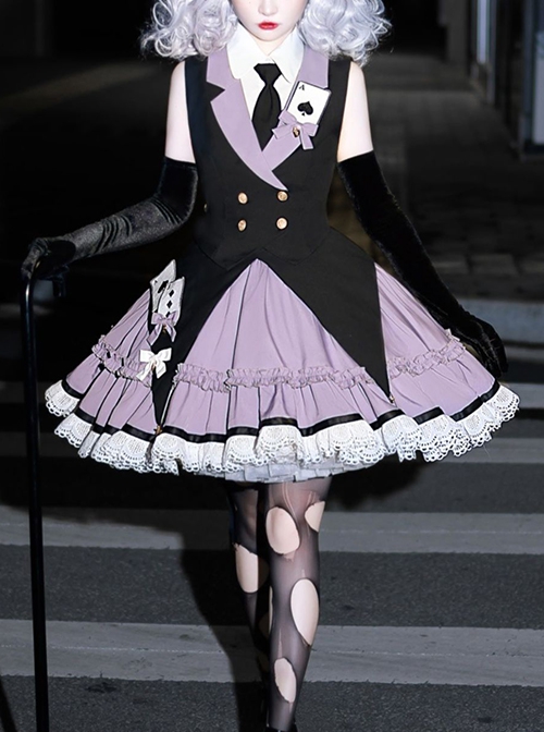 Phantom Thief Magician Series Tuxedo Playing Cards Halloween Playing Song Uniforms Sweet Lolita Vest Necktie Sleeveless Dress Set