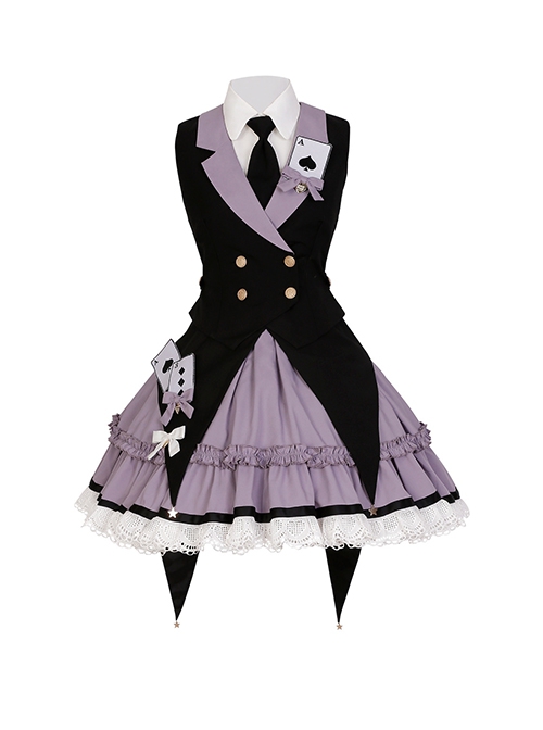 Phantom Thief Magician Series Tuxedo Playing Cards Halloween Playing Song Uniforms Sweet Lolita Vest Necktie Sleeveless Dress Set