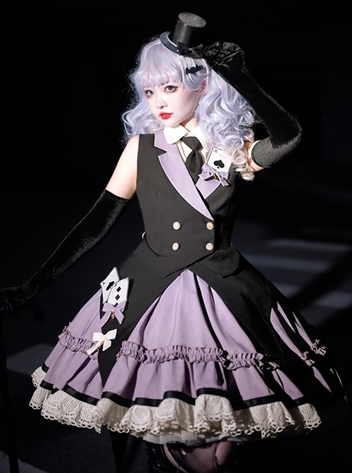 Phantom Thief Magician Series Tuxedo Playing Cards Halloween Playing Song Uniforms Sweet Lolita Vest Necktie Sleeveless Dress Set