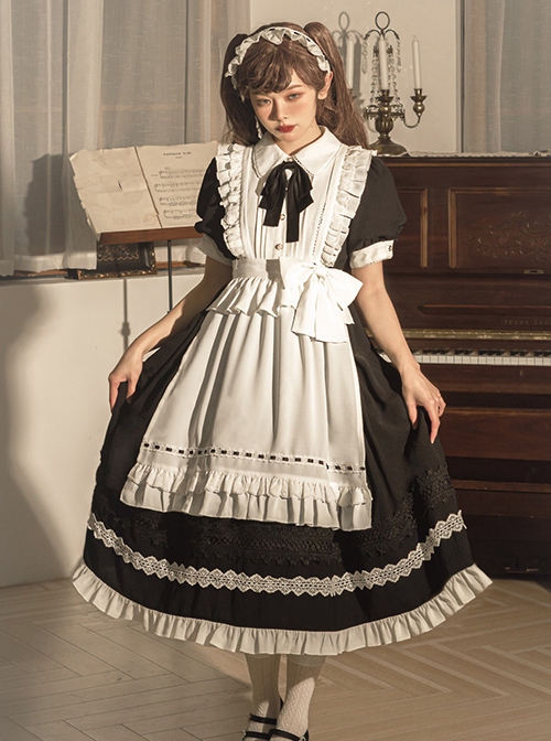 Little Maid Series Doll Collar Black Bowknot White Ruffles Apron Hairband Halloween Classic Lolita Short Sleeves Dress Set