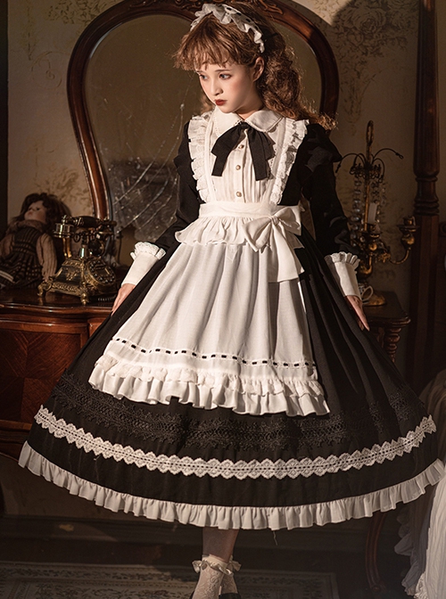 Little Maid Series Autumn Winter Doll Collar Black Bowknot White Ruffles Apron Hairband Classic Lolita Long Sleeves Long Dress Set