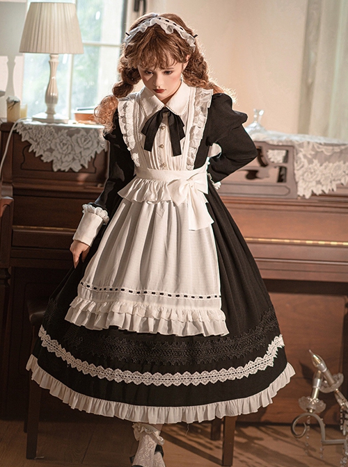 Little Maid Series Autumn Winter Doll Collar Black Bowknot White Ruffles Apron Hairband Classic Lolita Long Sleeves Long Dress Set