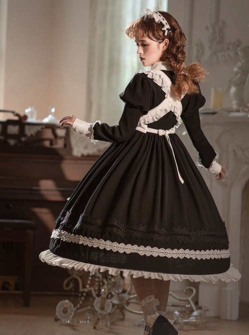 Little Maid Series Autumn Winter Doll Collar Black Bowknot White Ruffles Apron Hairband Classic Lolita Long Sleeves Long Dress Set