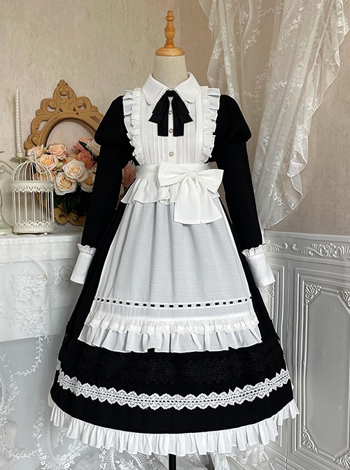 Little Maid Series Autumn Winter Doll Collar Black Bowknot White Ruffles Apron Hairband Classic Lolita Long Sleeves Long Dress Set