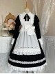 Little Maid Series Autumn Winter Doll Collar Black Bowknot White Ruffles Apron Hairband Classic Lolita Long Sleeves Long Dress Set