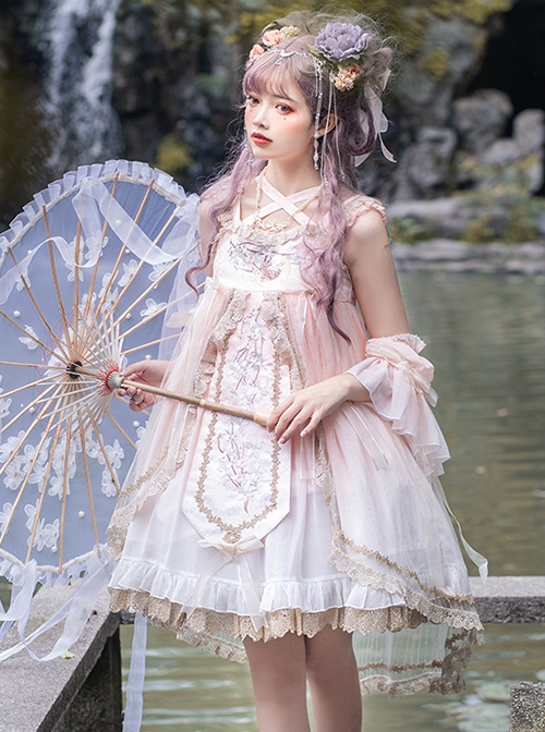 Deer Creek Peach Blossom Ballad Series Ruffle Embroidery Chinese Elements Fairy Hand Sleeves High Waist Sweet Lolita Sleeveless Short Dress Set