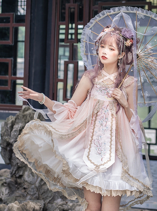 Deer Creek Peach Blossom Ballad Series Ruffle Embroidery Chinese Elements Fairy Hand Sleeves High Waist Sweet Lolita Sleeveless Short Dress Set