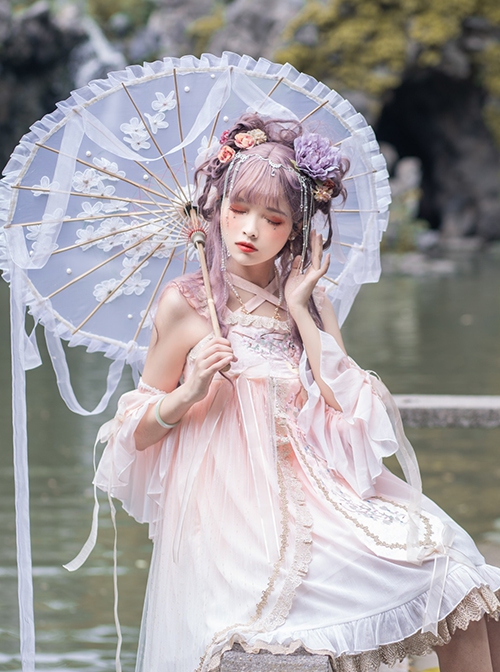 Deer Creek Peach Blossom Ballad Series Ruffle Embroidery Chinese Elements Fairy Hand Sleeves High Waist Sweet Lolita Sleeveless Short Dress Set