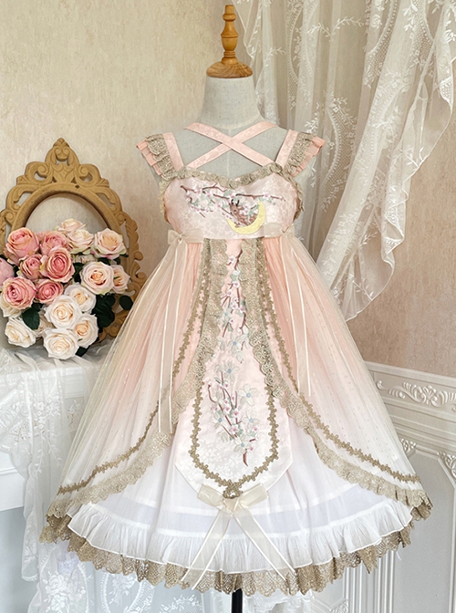 Deer Creek Peach Blossom Ballad Series Ruffle Embroidery Chinese Elements Fairy Hand Sleeves High Waist Sweet Lolita Sleeveless Short Dress Set