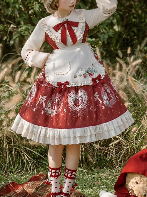 Little Red Riding Hood Strawberry Diary Fairy Tale Sweet Cute White Apron Bowknot Ruffle Sweet Lolita Long Sleeves Dress