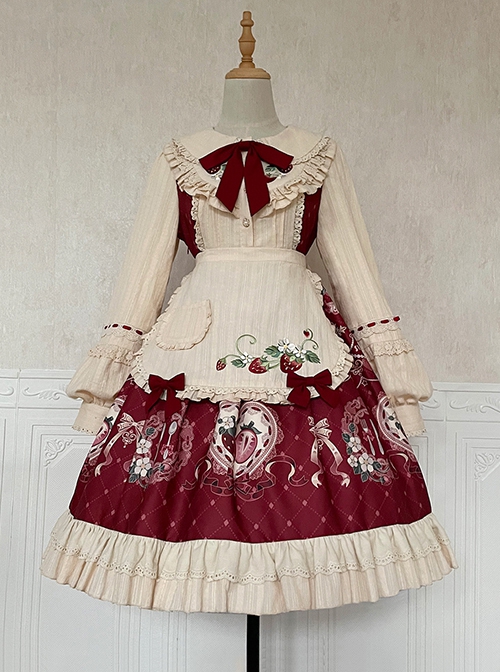 Little Red Riding Hood Strawberry Diary Fairy Tale Sweet Cute White Apron Bowknot Ruffle Sweet Lolita Long Sleeves Dress